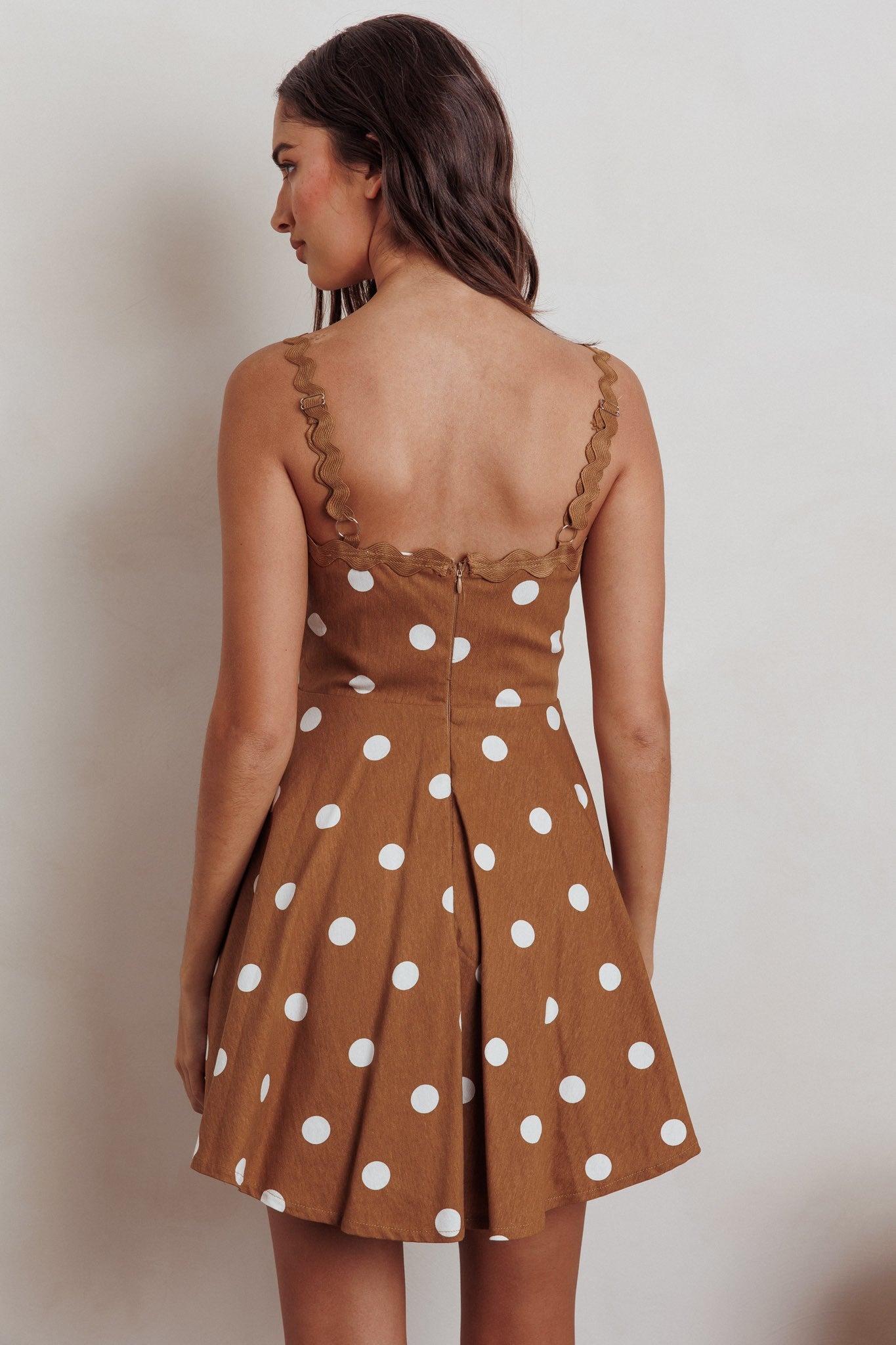 Fashion Strap Brown Polka Dot Dress with Trim Band Detailed