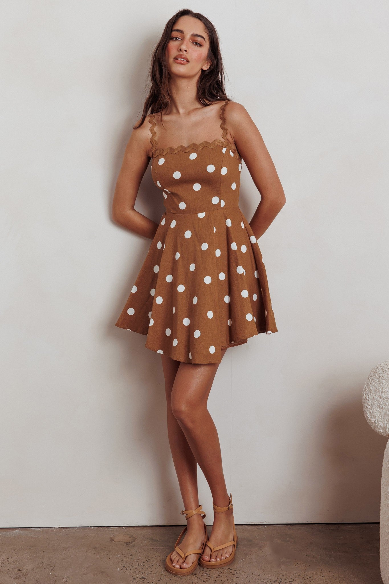 Fashion Strap Brown Polka Dot Dress with Trim Band Detailed