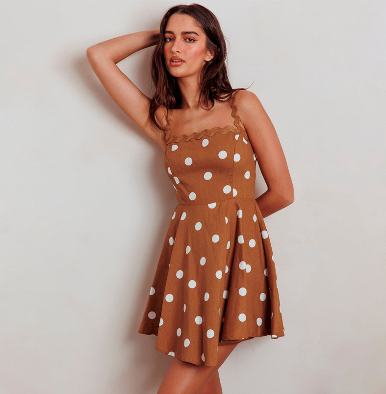 Fashion Strap Brown Polka Dot Dress with Trim Band Detailed