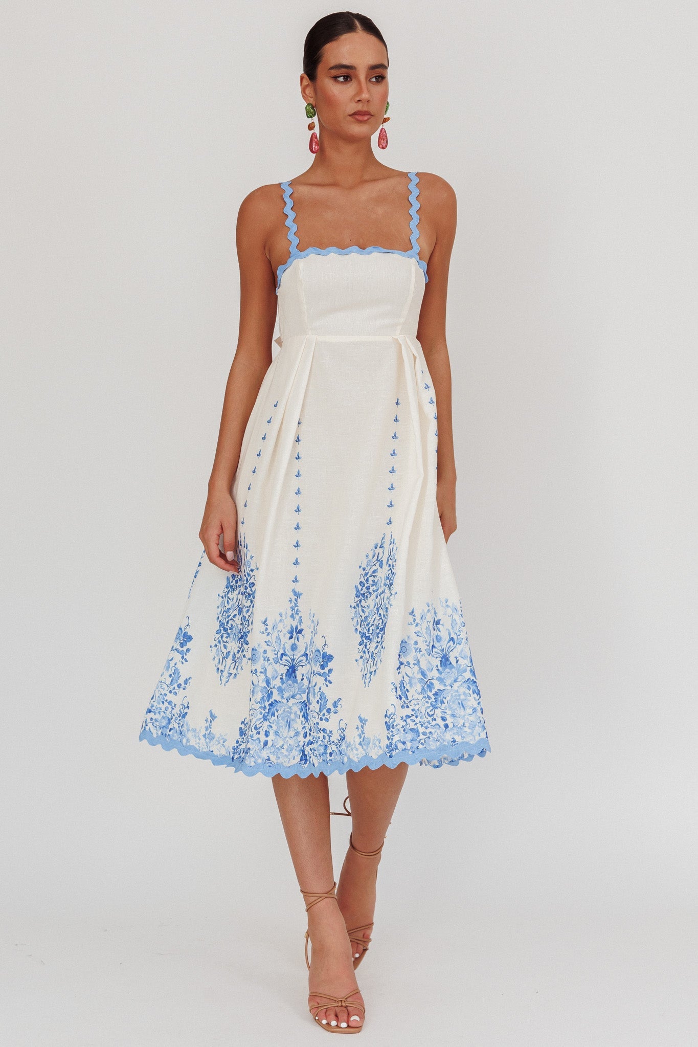 Elegant Summer Strap Blue Floral Print Back Tie-Up Midi Dress with Trim Band Detailed