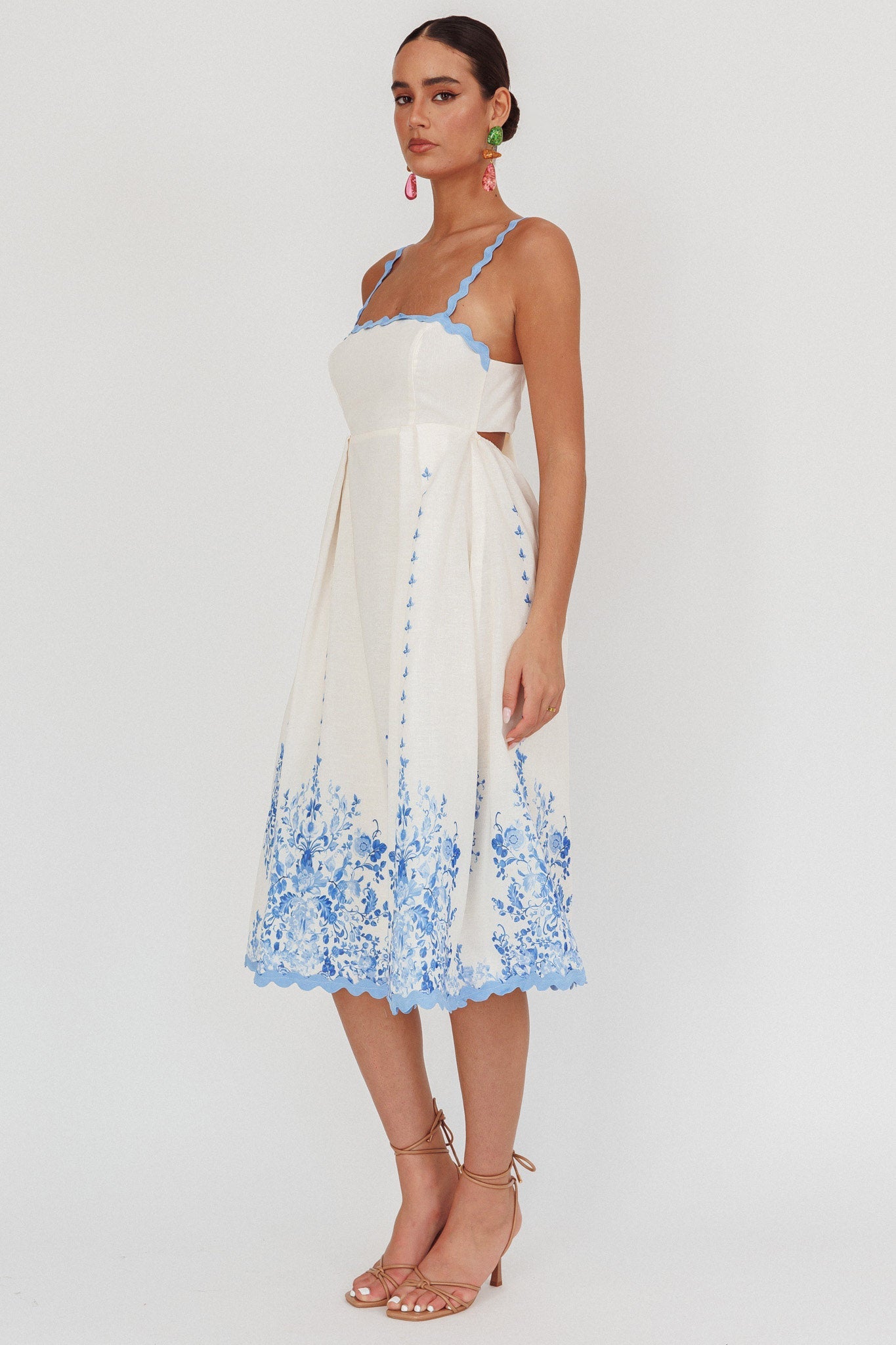 Elegant Summer Strap Blue Floral Print Back Tie-Up Midi Dress with Trim Band Detailed