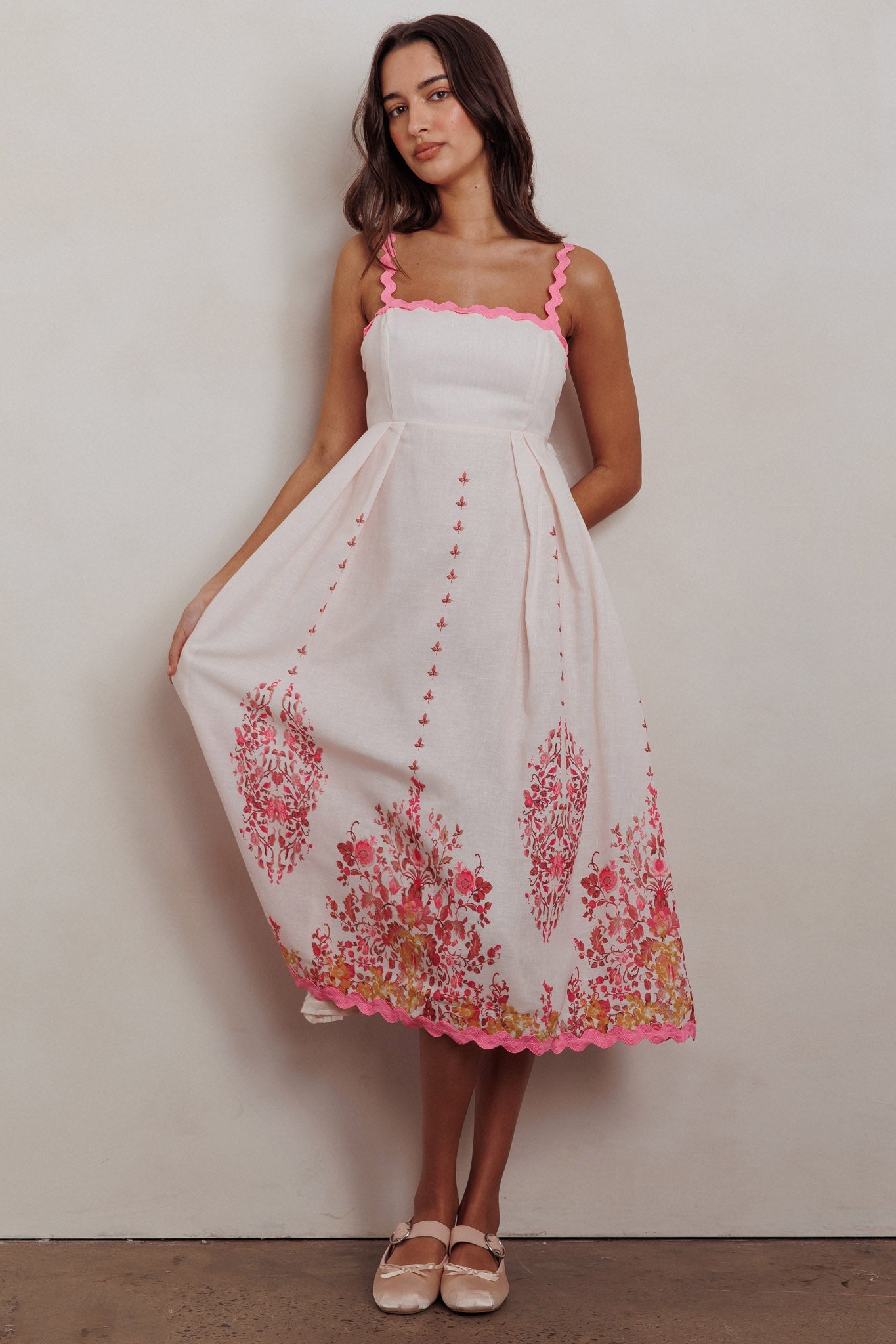 Elegant Summer Strap Blush Floral Print Back Tie-Up Midi Dress with Trim Band Detailed