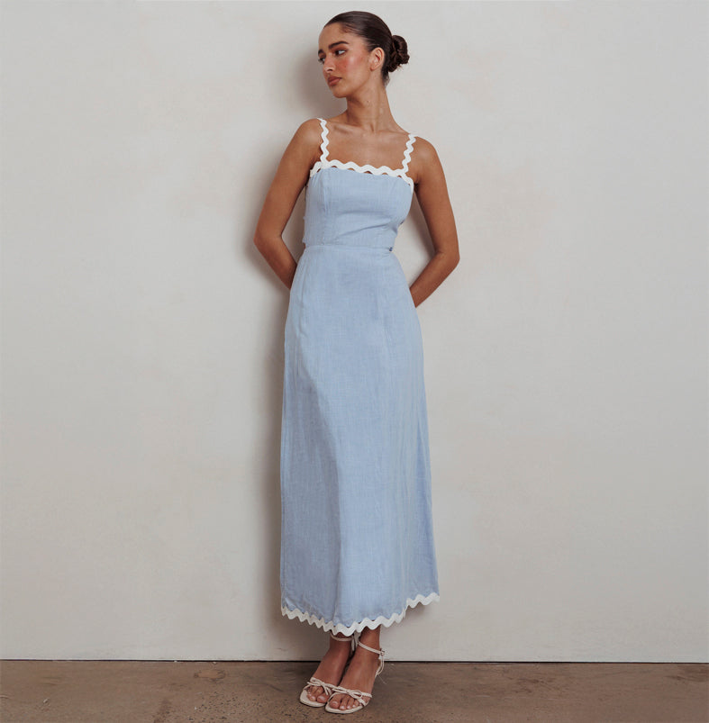 Fashion Summer Strap Baby Blue Back Tie-Up Maxi Dress with Trim Band Detailed