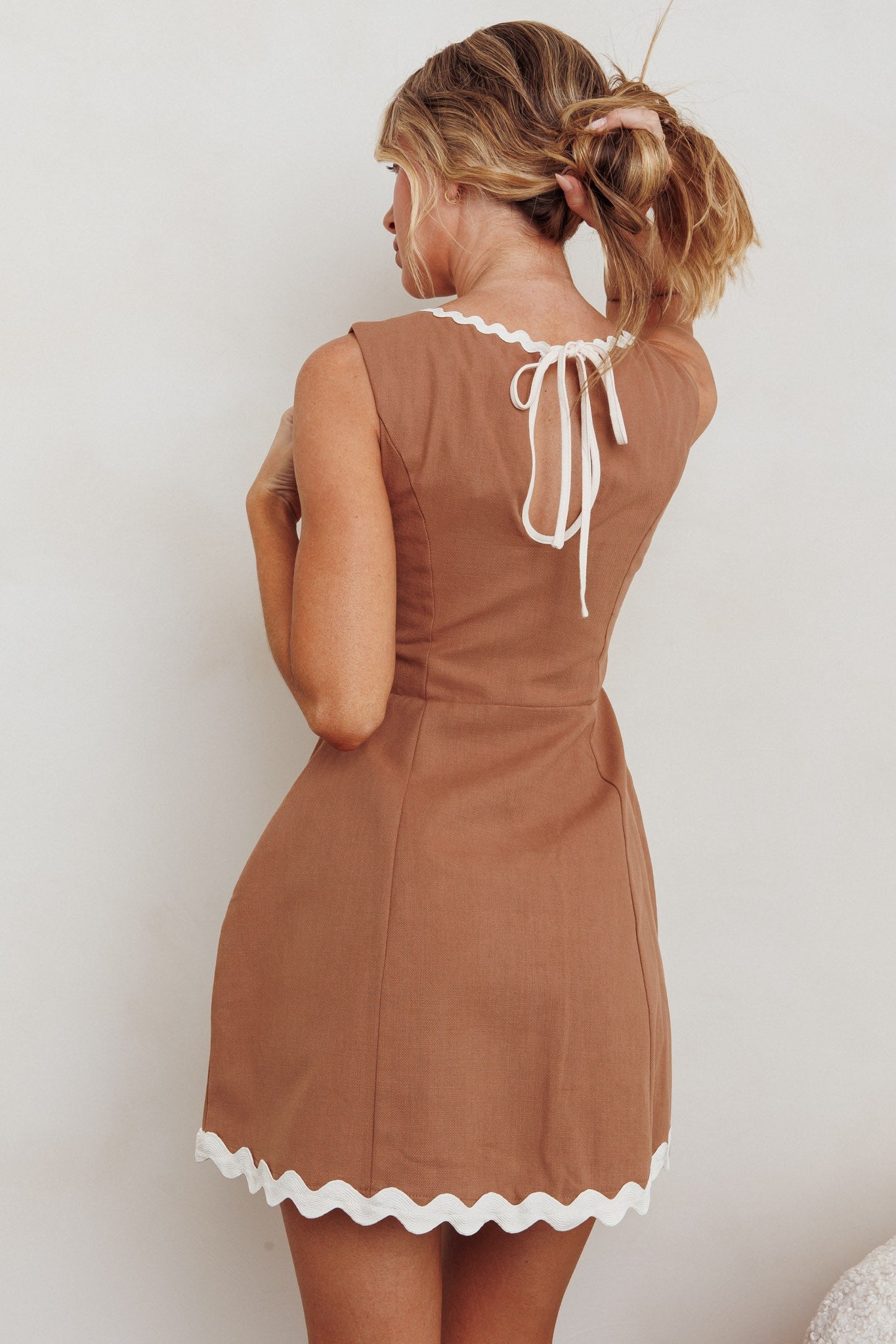 Elegant Summer Mocha Dress with Trim Band Detailed