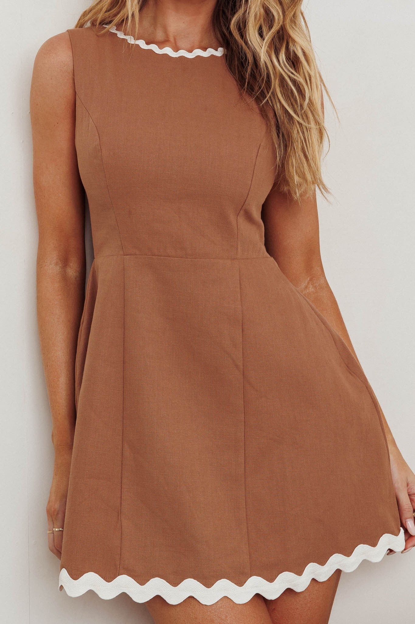 Elegant Summer Mocha Dress with Trim Band Detailed