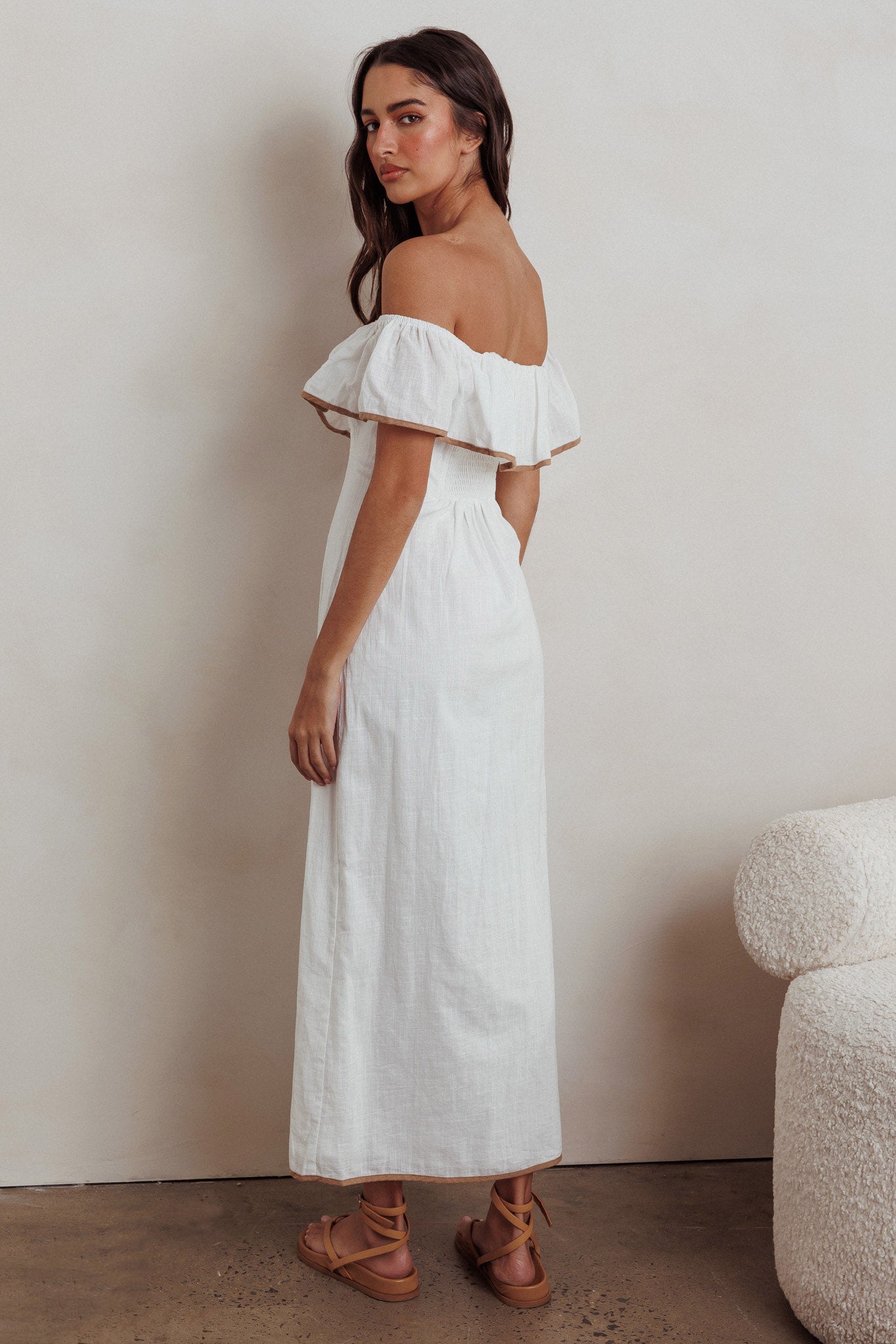 Fashion Summer Off Shoulder Off White Button Down Ruffle Maxi Dress