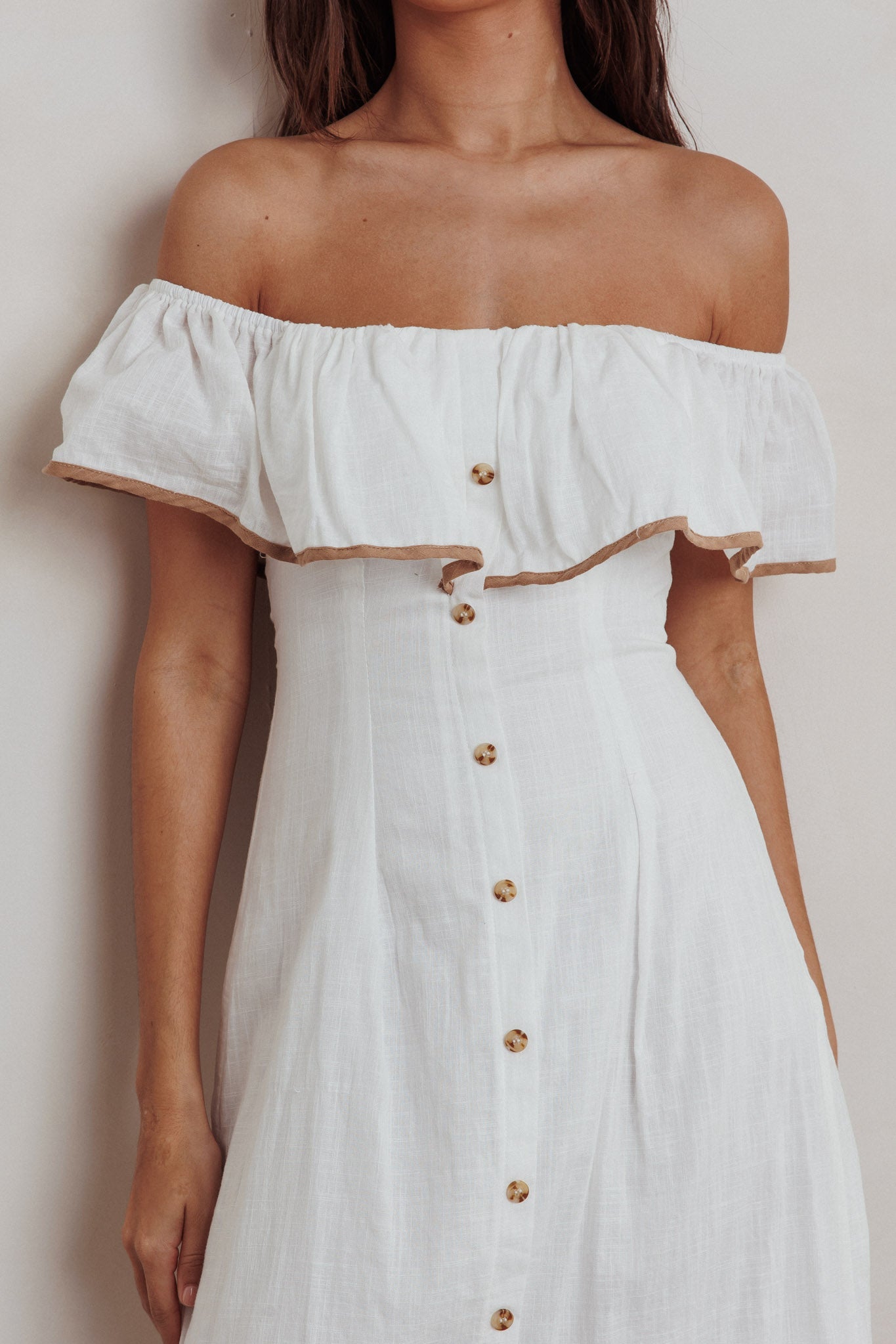 Fashion Summer Off Shoulder Off White Button Down Ruffle Maxi Dress