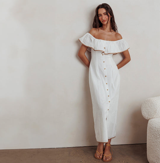 Fashion Summer Off Shoulder Off White Button Down Ruffle Maxi Dress
