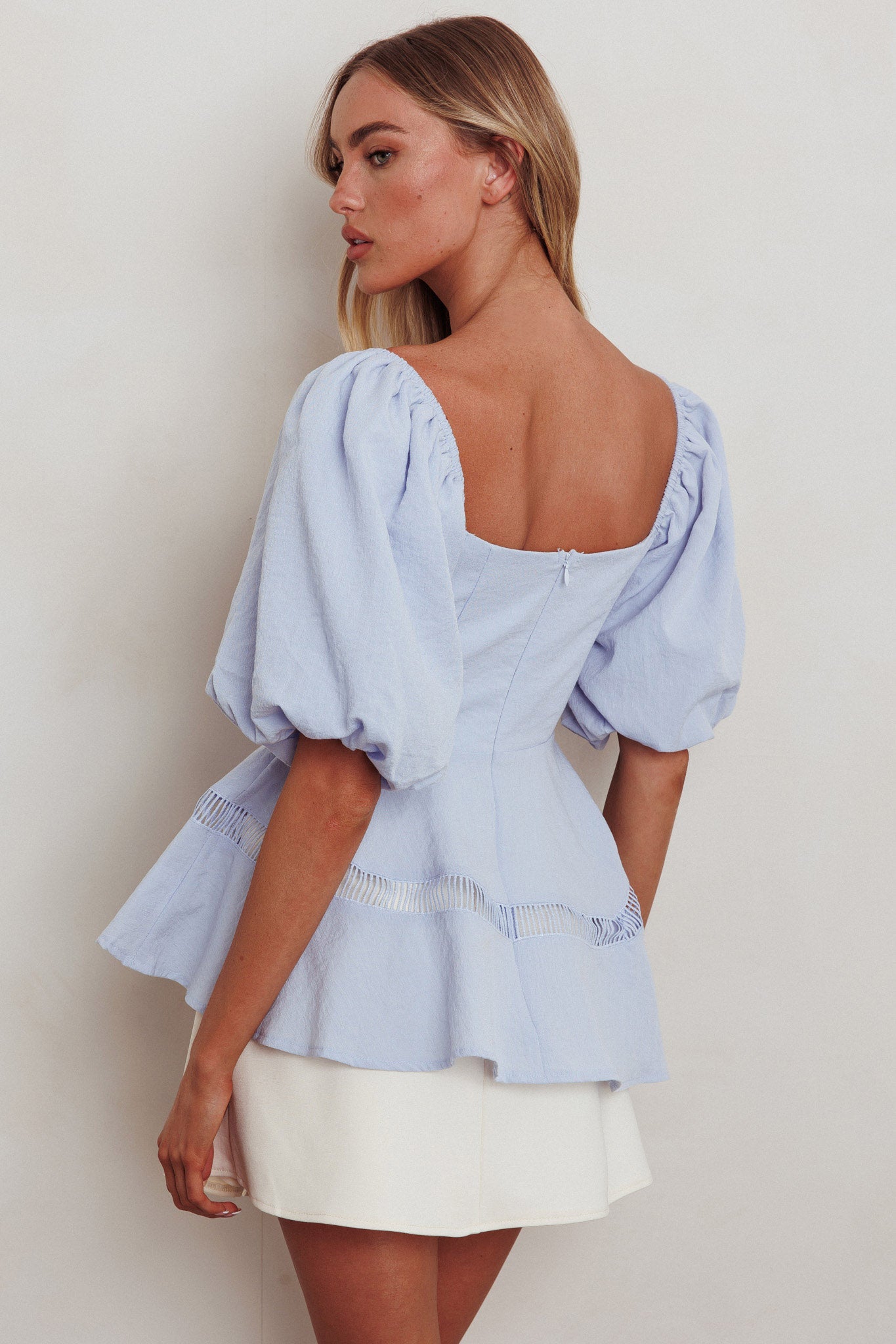 Elegant Off Shoulder Blue Lace Detailed Top with Puffy Sleeve