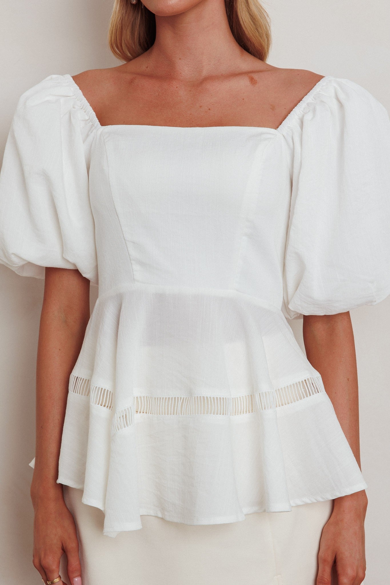 Elegant Off Shoulder White Lace Detailed Top with Puffy Sleeve