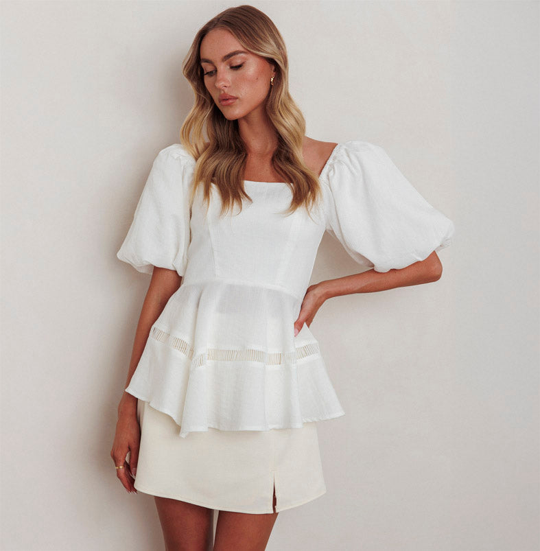 Elegant Off Shoulder White Lace Detailed Top with Puffy Sleeve