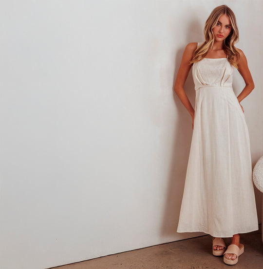 Fashion Summer Strap Oat White Cross Back Tie Maxi Dress