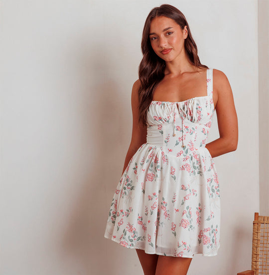 Fashion Summer Strap Cream Floral Print Ruffle Corset Tie-Up Dress