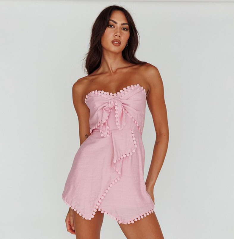Fashion Strapless Front Tie-Up Ruffle Tassel Lilac Romper