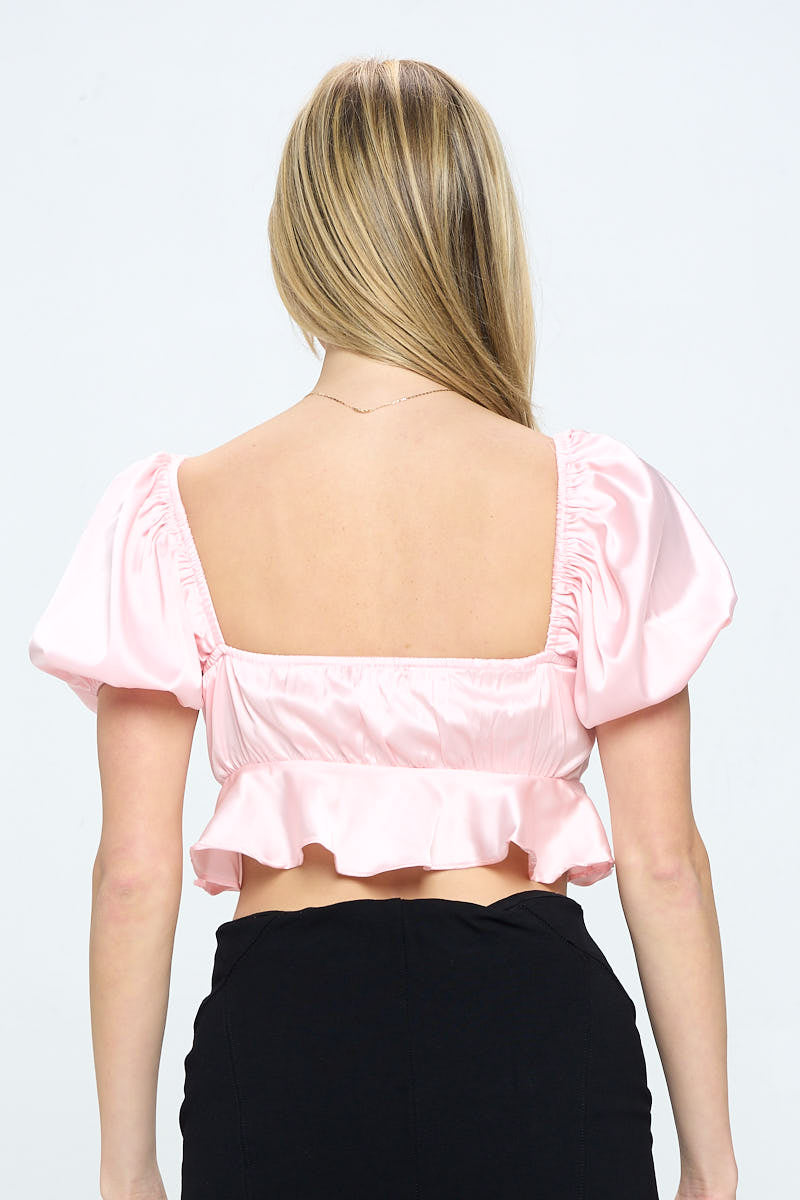 Elegant Off Shoulder Baby Pink Satin Front Tie-Up Ruffle Crop Top