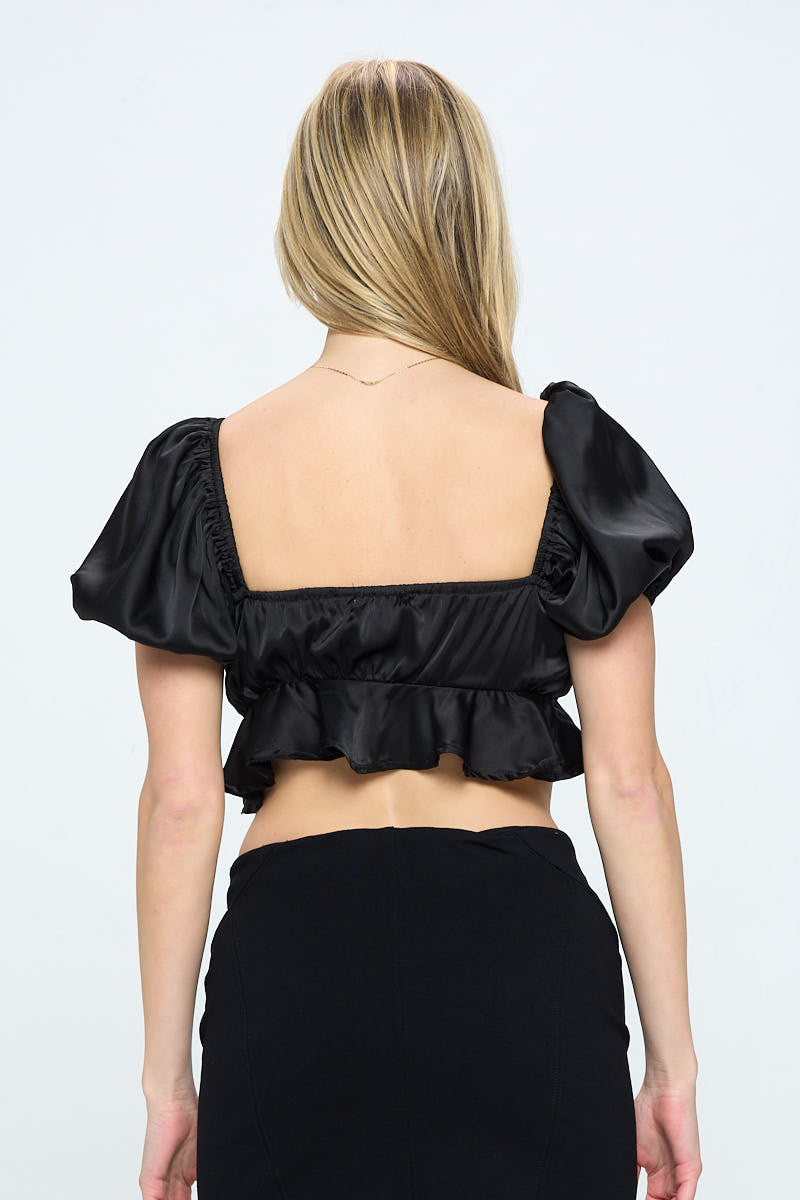 Elegant Off Shoulder Black Satin Front Tie-Up Ruffle Crop Top