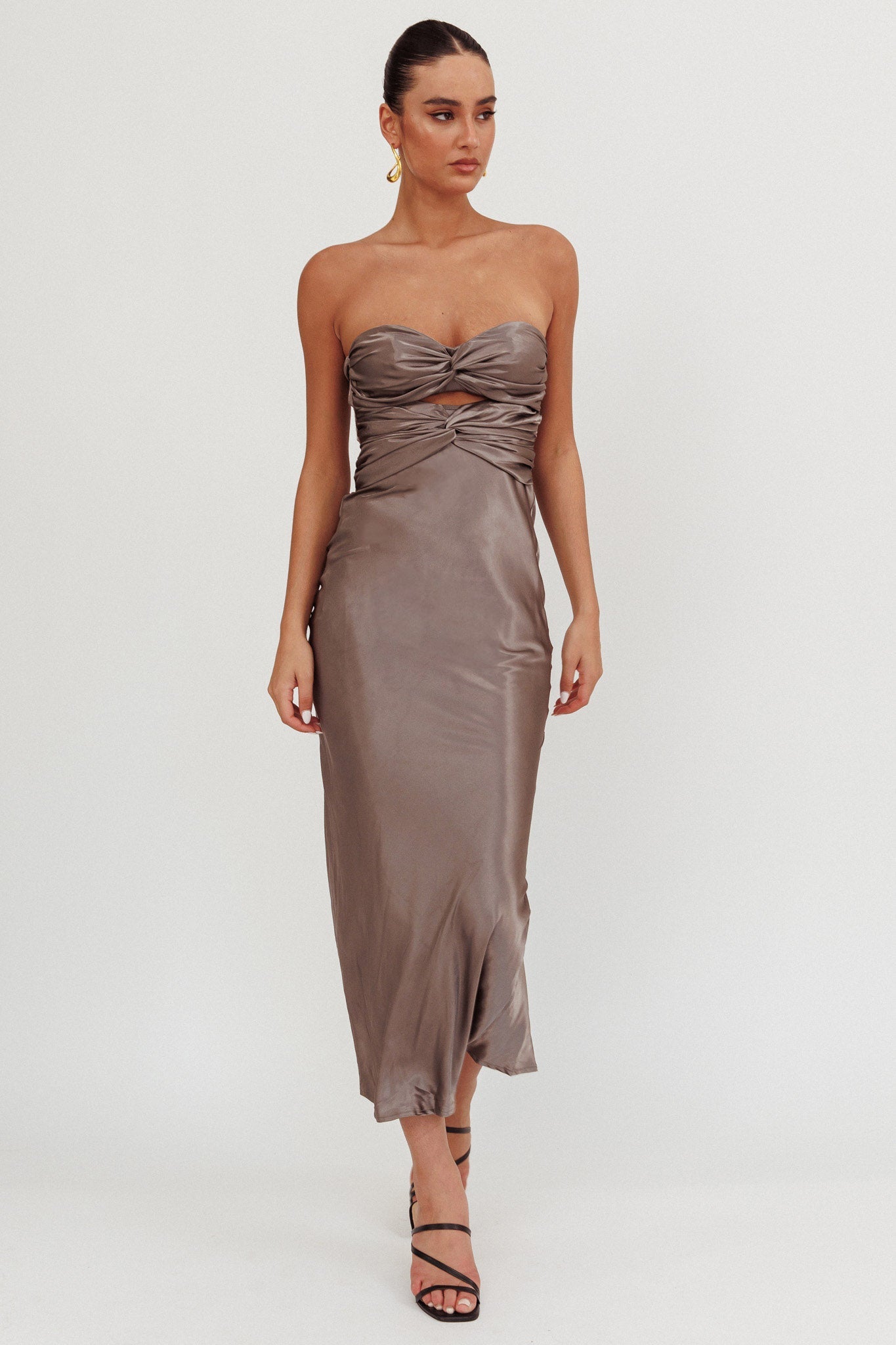 Elegant Charcoal Strapless Satin Double Twist Detailed Back Tie-Up Maxi Dress