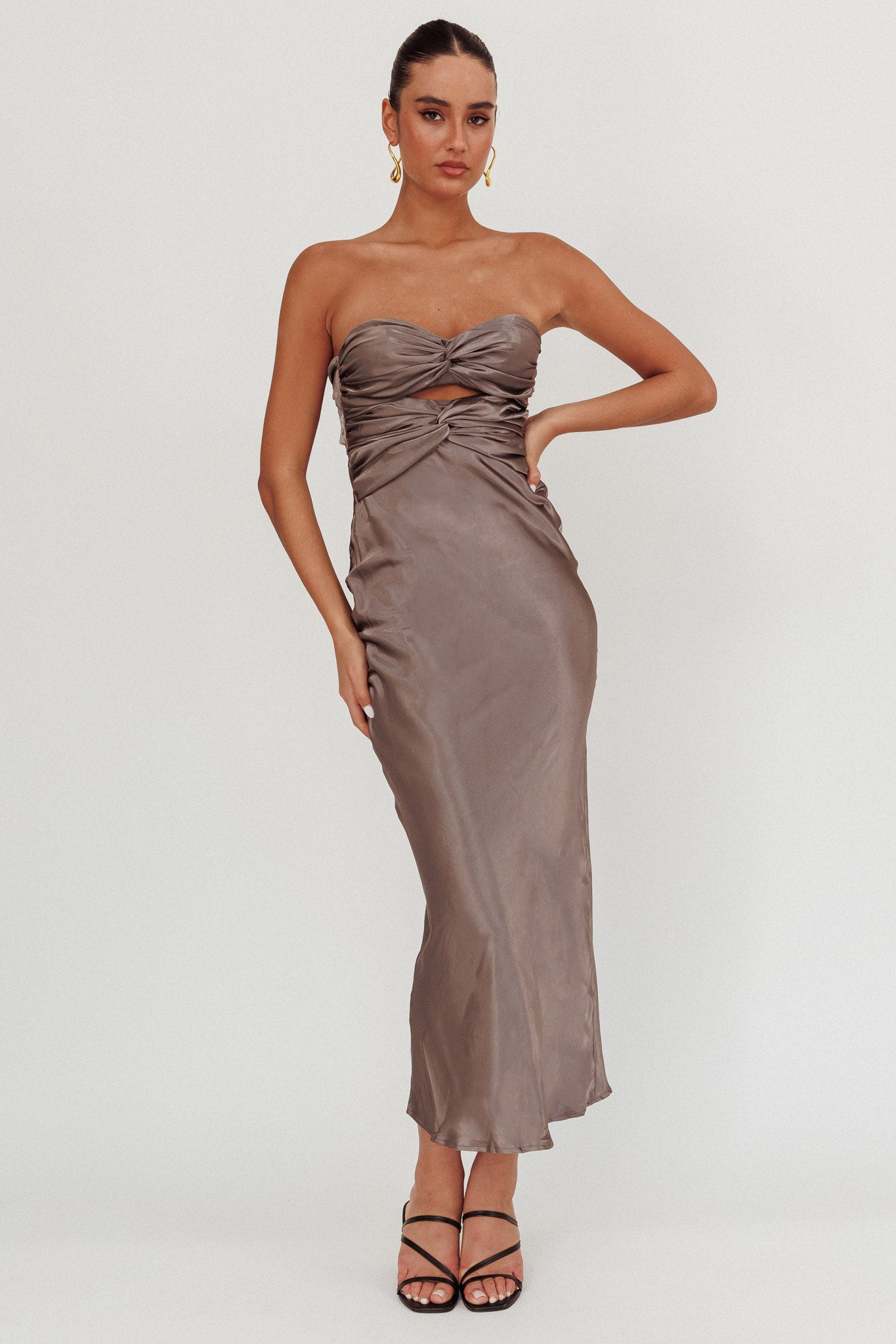 Elegant Charcoal Strapless Satin Double Twist Detailed Back Tie-Up Maxi Dress