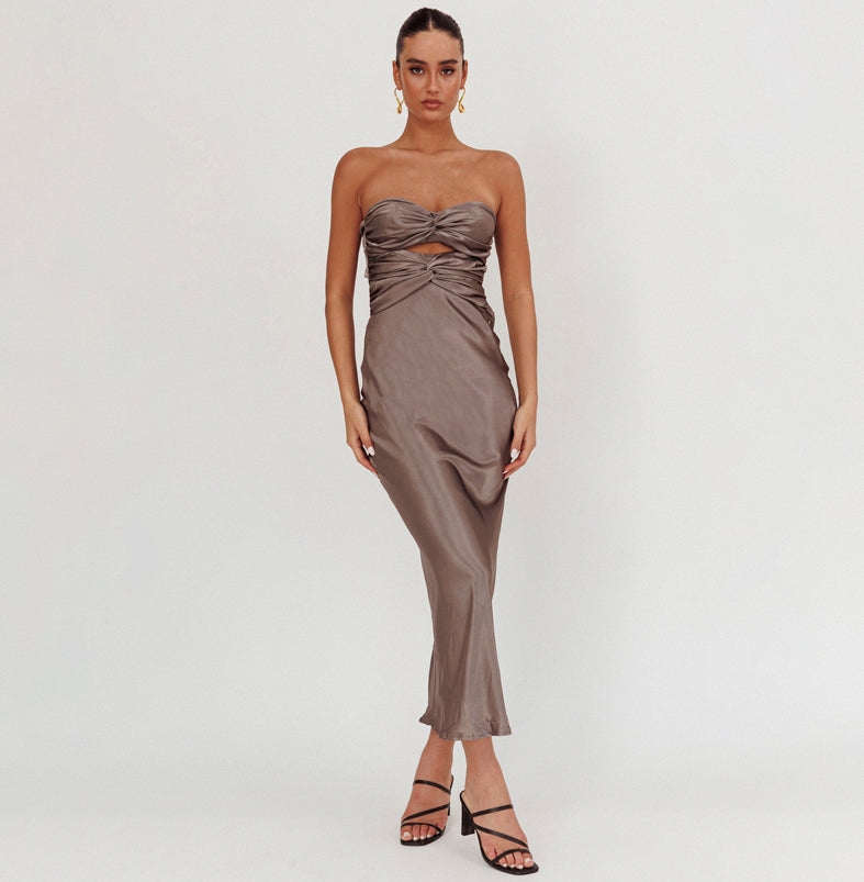 Elegant Charcoal Strapless Satin Double Twist Detailed Back Tie-Up Maxi Dress