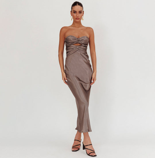 Elegant Charcoal Strapless Satin Double Twist Detailed Back Tie-Up Maxi Dress