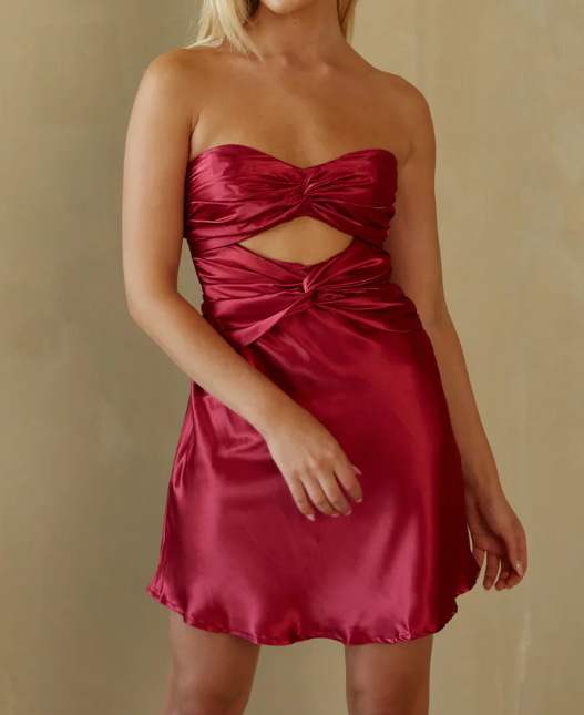 Elegant Berry Strapless Satin Double Twist Detailed Back Tie-Up Mini Dress