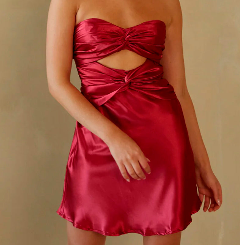 Elegant Berry Strapless Satin Double Twist Detailed Back Tie-Up Mini Dress