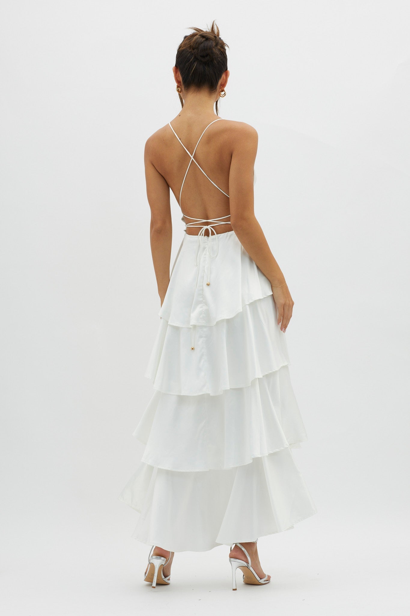 Elegant Strap Ivory Satin Deep V-Neck Layered Ruffle Open Back Maxi Dress