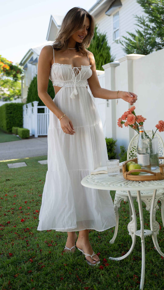 Fashion Strap White Front Tie-Up Ruffle Cut-Out Open Back Maxi Dress