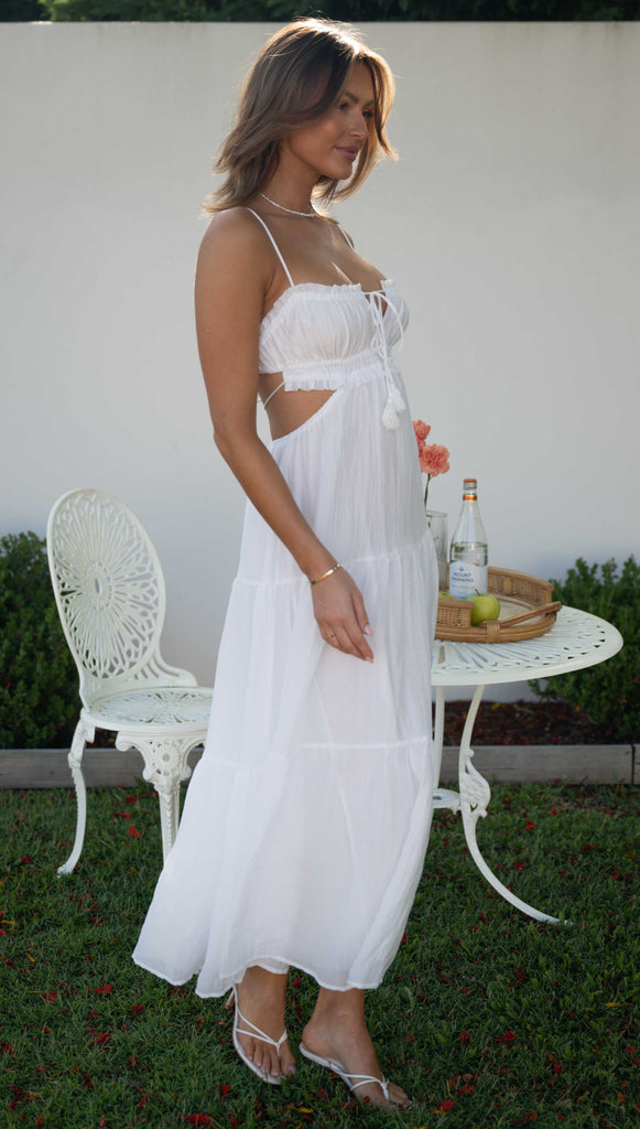 Fashion Strap White Front Tie-Up Ruffle Cut-Out Open Back Maxi Dress