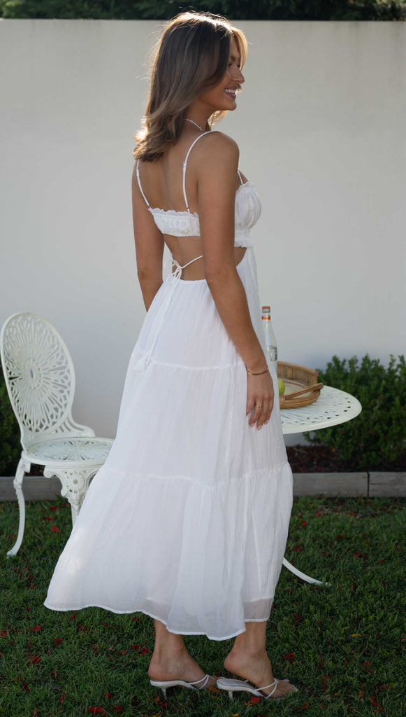Fashion Strap White Front Tie-Up Ruffle Cut-Out Open Back Maxi Dress Fashion Strap White Front Tie-Up Ruffle Cut-Out Open Back Maxi Dress