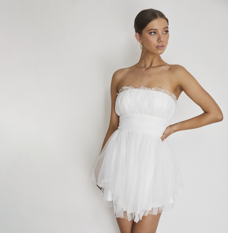 Elegant Strapless White Ruffle Mini Dress