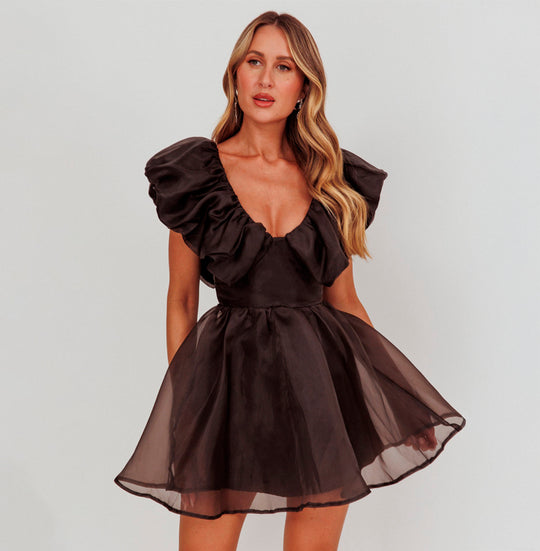 Elegant Black V-Neck Puffy Ruffle Satin Dress