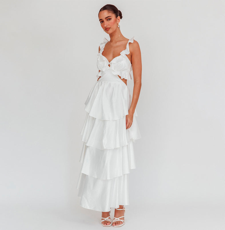 Elegant White Band Detailed Satin V-Neck Layered Ruffle Cut Out Open Back Tie-Up Maxi Dress