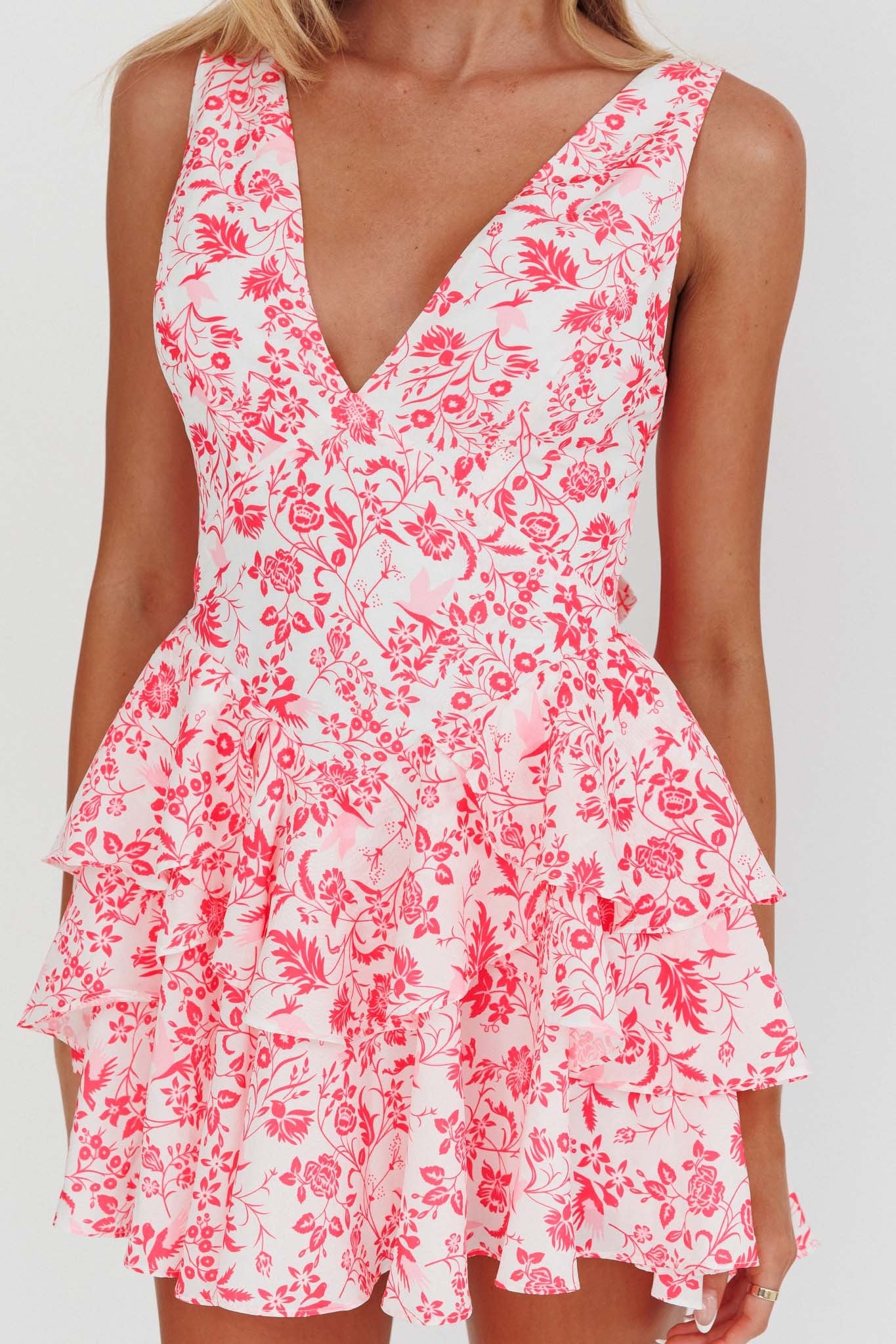 Fashion Strap White Pink Floral Print V-Neck Ruffle Back Tie-Up Dress