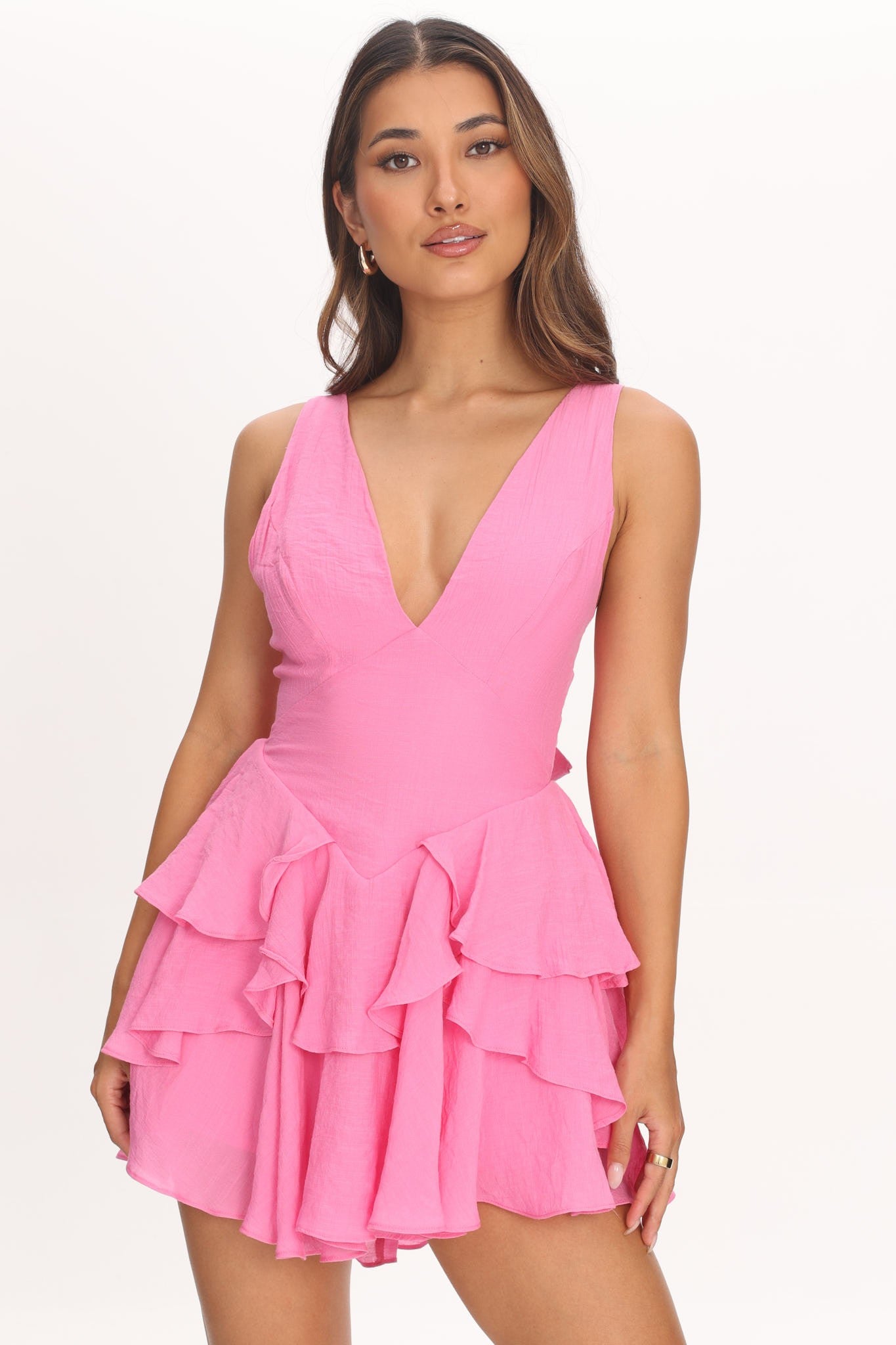Fashion Summer Strap Bubble Gum V-Neck Ruffle Back Tie-Up Romper