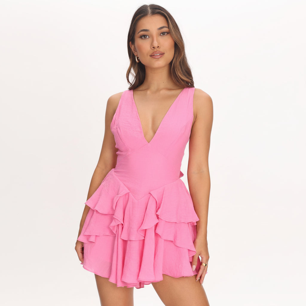 Fashion Summer Strap Bubble Gum V-Neck Ruffle Back Tie-Up Romper