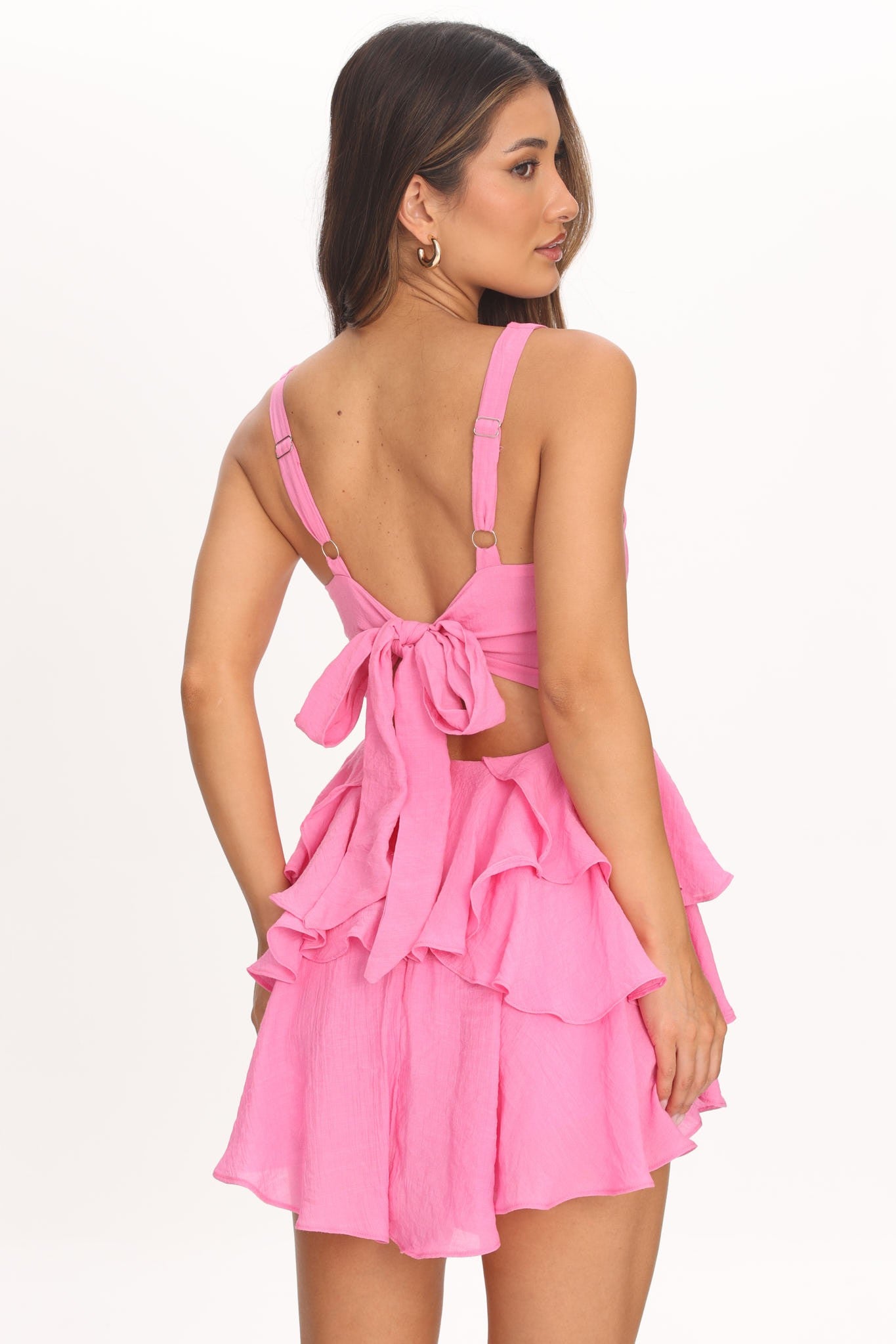 Fashion Summer Strap Bubble Gum V-Neck Ruffle Back Tie-Up Romper