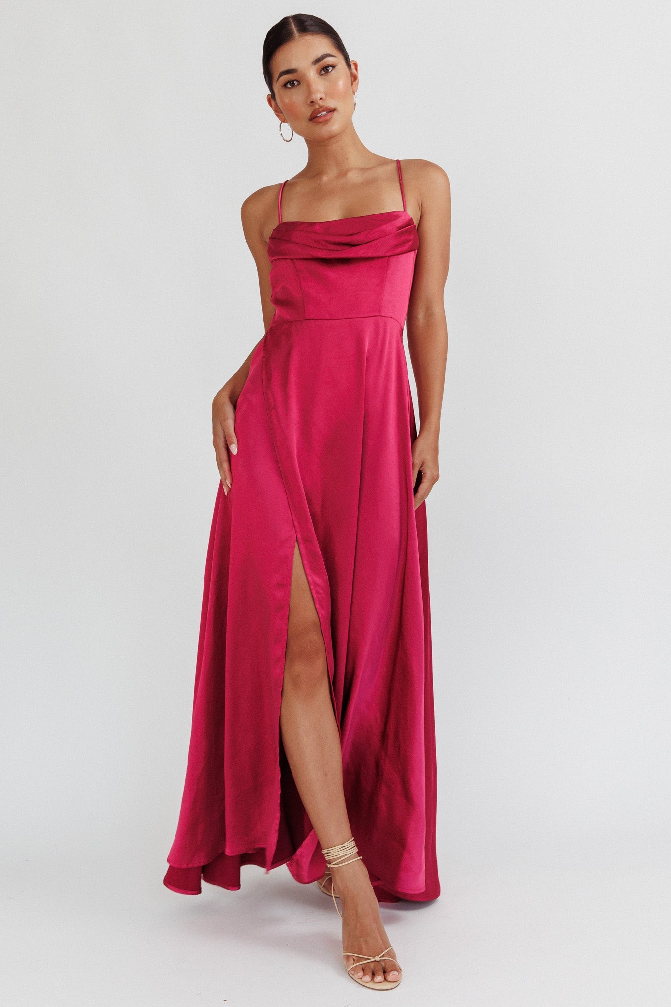 Elegant Strap Wine Satin Ruffle Cut Out Maxi Dress