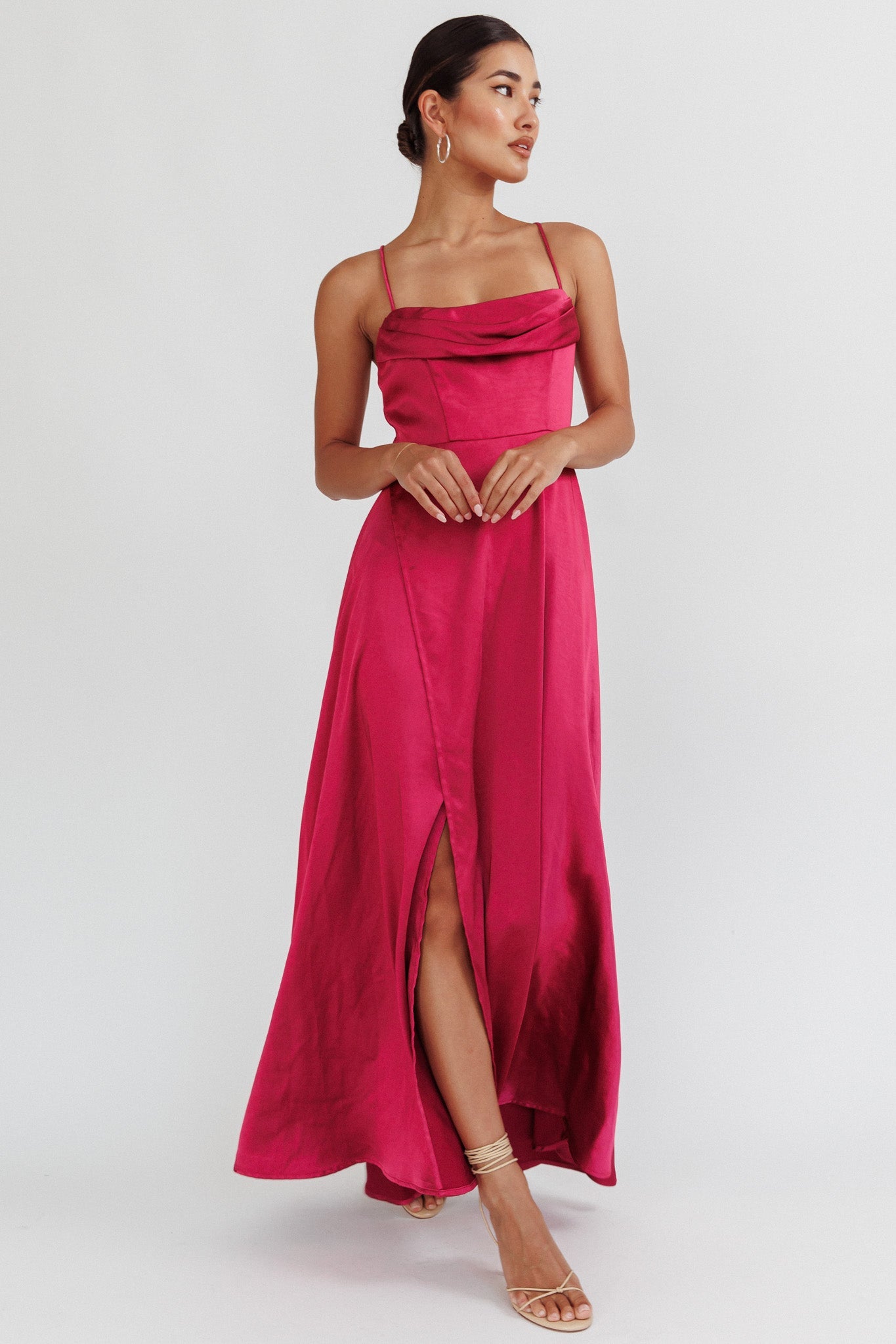 Elegant Strap Wine Satin Ruffle Cut Out Maxi Dress