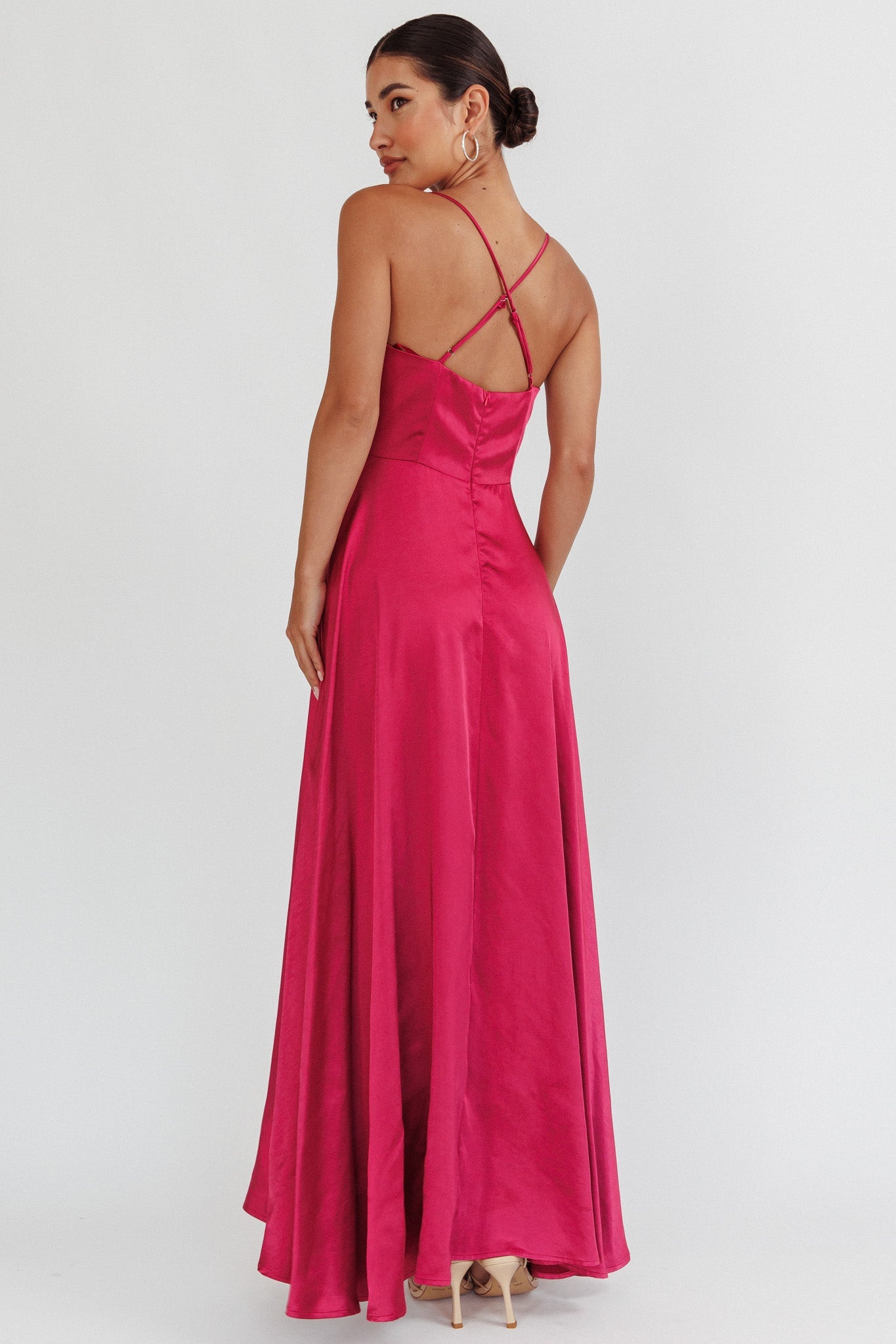 Elegant Strap Wine Satin Ruffle Cut Out Maxi Dress