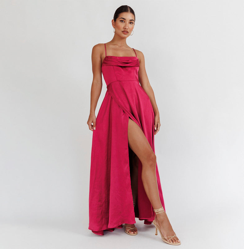 Elegant Strap Wine Satin Ruffle Cut Out Maxi Dress