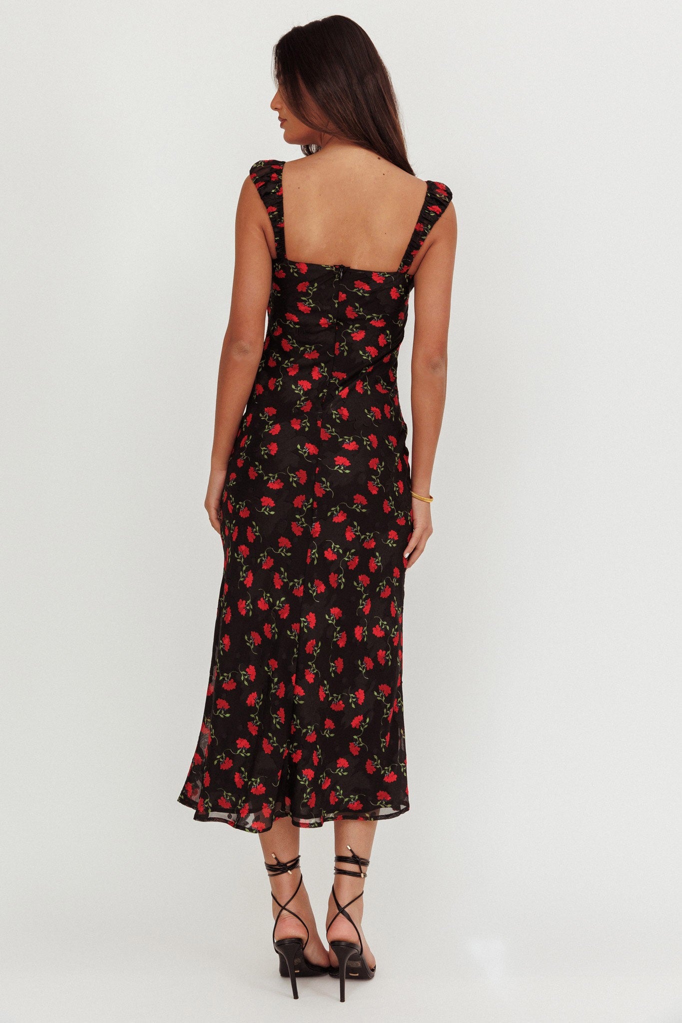 Fashion Strap Black Lace Red Floral Print V-Neck Maxi Dress