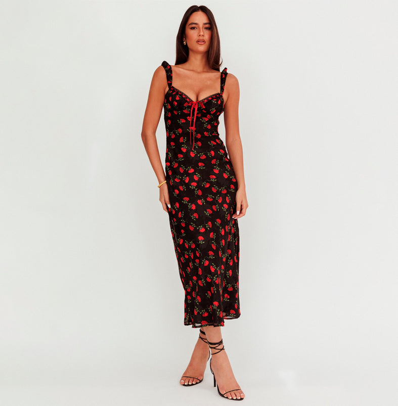 Fashion Strap Black Lace Red Floral Print V-Neck Maxi Dress