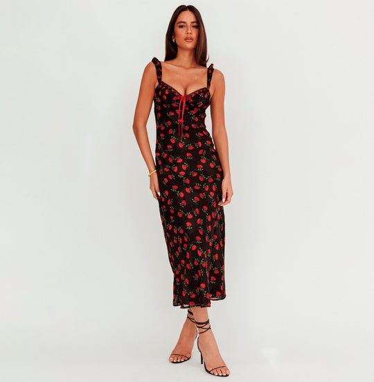 Fashion Strap Black Lace Red Floral Print V-Neck Maxi Dress