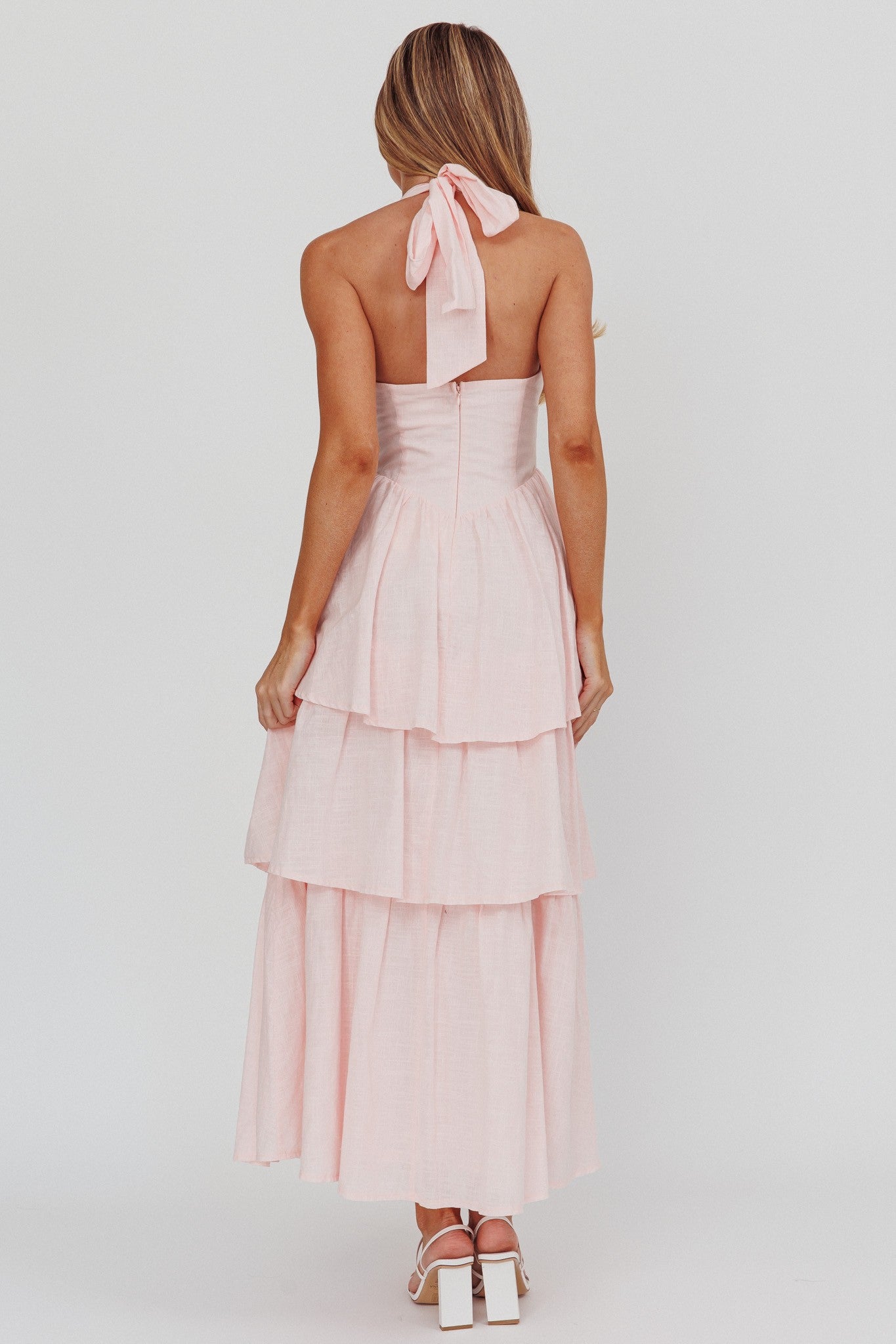 Fashion Summer Halter Pink Layered Ruffle Corset Open Back Maxi Dress