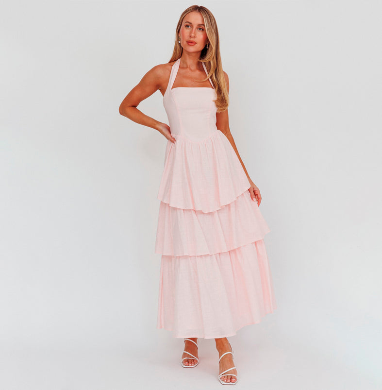 Fashion Summer Halter Pink Layered Ruffle Corset Open Back Maxi Dress