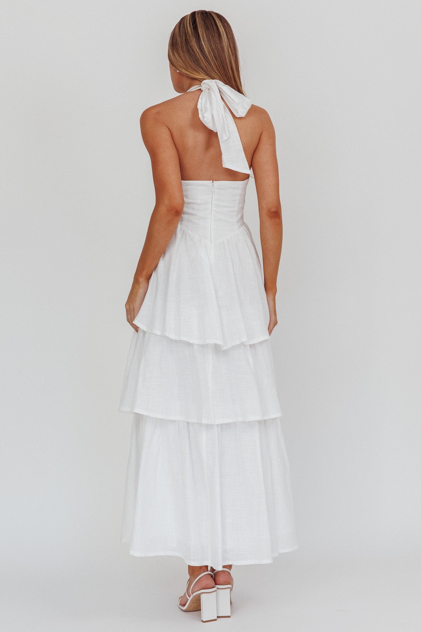 Fashion Summer Halter White Layered Ruffle Corset Open Back Maxi Dress