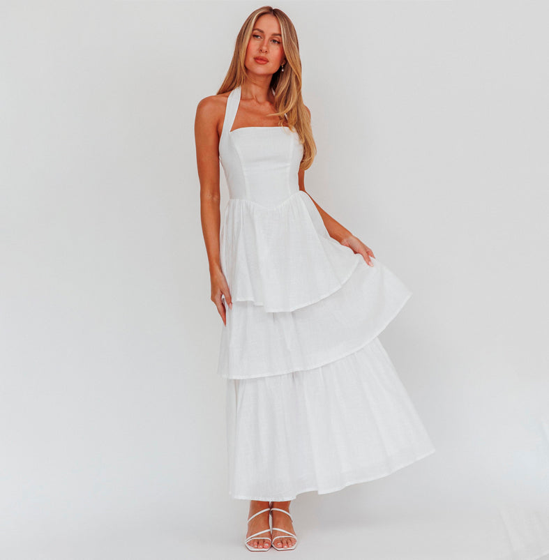 Fashion Summer Halter White Layered Ruffle Corset Open Back Maxi Dress