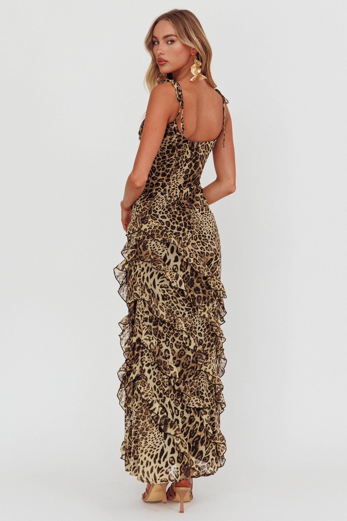 Elegant Strap Leopard Print Ruffle Maxi Dress