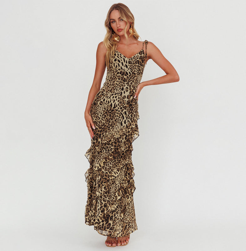 Elegant Strap Leopard Print Ruffle Maxi Dress